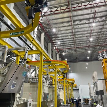 Crane for machine loading Solution with curved GIS trolleys and 1t GIS chain hoist