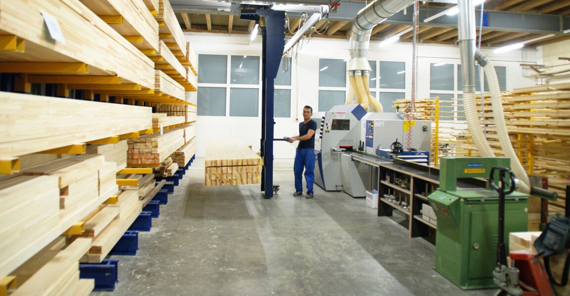 Crane system for the efficient storage and retrieval of panels and pallets in the warehouse.